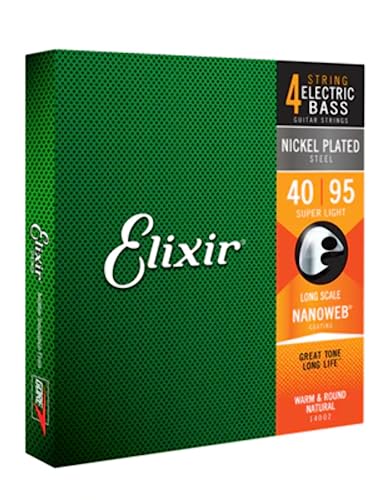 Elixir Cuerdas para bajo de 4 cuerdas Strings de acero niquelado con recubrimiento NANOWEB, escala larga, calibre superligero (.040-.095)