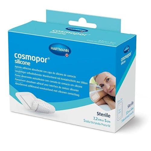 Cosmopor Silicone: Apósito Estéril con Capa de Contacto de Silicona; Retirada Indolora; 7,2x5cm; 5 Unidades