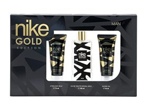 NIKE – Gold Edition, Perfume 100 ml + After Shave Bálsamo Hombre 75 ml + Gel de Baño 75 ml, Estuche Regalo de Hombre, Pack de 3 Piezas, Elegante, Fresco y Poderoso, Aromático y de Larga Duración