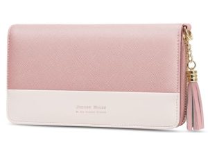 Jocose Moose Billetero Mujer Leather Wallet Gran Capacidad con Cremallera para Mujer niña, Billetero con 12 Ranuras para Tarjetas con Bolsillo para móvil(Rosa/Blanco)