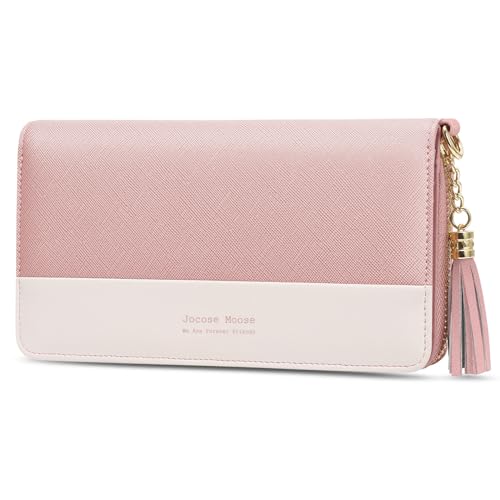 Jocose Moose Billetero Mujer Leather Wallet Gran Capacidad con Cremallera para Mujer niña, Billetero con 12 Ranuras para Tarjetas con Bolsillo para móvil(Rosa/Blanco)