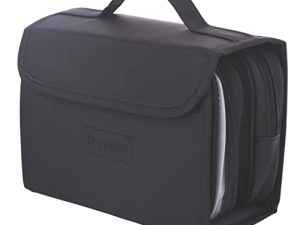 TRAVEFUL Neceser Maquillaje de Viaje Grande y Desplegable – Bolsa de Aseo Expandible con Gancho Colgante 360º para Hombre y Mujer – Organizador Makeup Impermeable (Negro)
