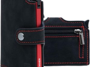 BEWMER Cartera Tarjetero 2 para Hombre y Mujer con Monedero | Billetera Minimalista Porta Tarjetas de Crédito (Protección RFID), Billetes y Monedas (Negro Rojo)