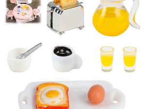 Accesorios para el desayuno de casa de muñecas, 1/12 para casa de muñecas, accesorios para hornear miniatura, accesorios de alimentos en miniatura, tostadora, pan, leche, huevos, café, tazas, platos,