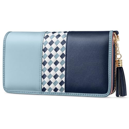 Jocose Moose Cartera de Piel para Mujer, Cartera Multicolor 12 Ranuras para Tarjetas y Bolsillo para Monedas, Cartera de Gran Capacidad con Bolsillo para muñeca y teléfono móvil (Azul)