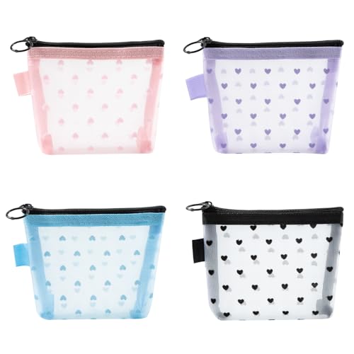 Mini Bolsas Maquillaje de Malla, Bolsa Cosméticos Pequeña Portátil con Cremallera 4 Piezas Neceser Almacenamiento para Mujeres Niñas Viaje(Negro/Púrpura/Azul/Rosa)