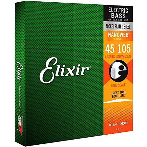 Elixir Cuerdas para bajo de 4 cuerdas Strings de acero niquelado con recubrimiento NANOWEB, escala larga, calibre ligero/mediano (.045-.105)