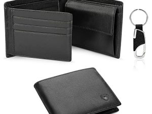 Wilbest Negro Billeteras Hombre, Cartera de Piel, Carteras Cuero, Tarjetas de Crédito Slim Moda RFID Bloqueo Monedero (+Botones de Llaves) Hecho a Mano