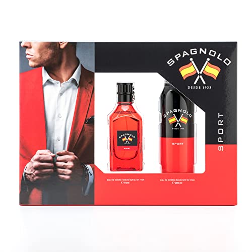 SPAGNOLO - Sport, Estuche de Regalo Hombre, Colonia 75 ml + Desodorante en Spray 200 ml, Eau de Toilette Natural y Masculina, Aroma Amaderado Especiado, Fragancia Fresca, Enérgica y de Larga Duración