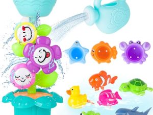 deAO Juguete de baño para niños, Divertido Juguete de aspersor de Flores con regadera, Rueda de Agua y Tazas apilables de Colores; Juguetes de baño de Animales de Cuerda y Bolsa de Almacenamiento de