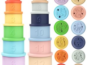 Cubos Apilables Juguetes para Bebe&Niños, Juguete Apilable de Silicona Blanda, Montessori Juguetes Bebés 2 Juegos(6+6), Juguetes Educativos para Bebés 6-12 Meses Niños 1 Año 2 Años, Color Macarrón