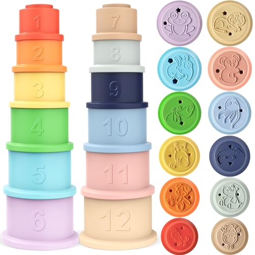 Cubos Apilables Juguetes para Bebe&Niños, Juguete Apilable de Silicona Blanda, Montessori Juguetes Bebés 2 Juegos(6+6), Juguetes Educativos para Bebés 6-12 Meses Niños 1 Año 2 Años, Color Macarrón