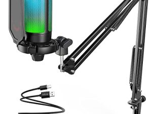 FIFINE Gaming Microfono para PC USB, RGB Kit de Micrófono de Condensador para Ordenador PS4 PS5, con Botón de Silencio, Filtro Anti-Pop, Soporte de Choque, Soporte Microfono