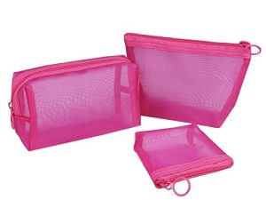 Aosbos 3 Piezas Neceser Mujer de Malla, Neceser Maquillaje Transparente para Viaje, Malla Bolsa de Aseo para Playa, Bolsa de Artículos de Tocador, Bolsa de Cosméticos con Cremallera, Rosa Roja
