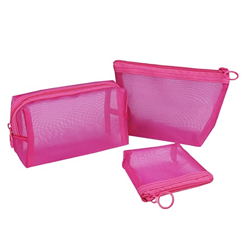 Aosbos 3 Piezas Neceser Mujer de Malla, Neceser Maquillaje Transparente para Viaje, Malla Bolsa de Aseo para Playa, Bolsa de Artículos de Tocador, Bolsa de Cosméticos con Cremallera, Rosa Roja