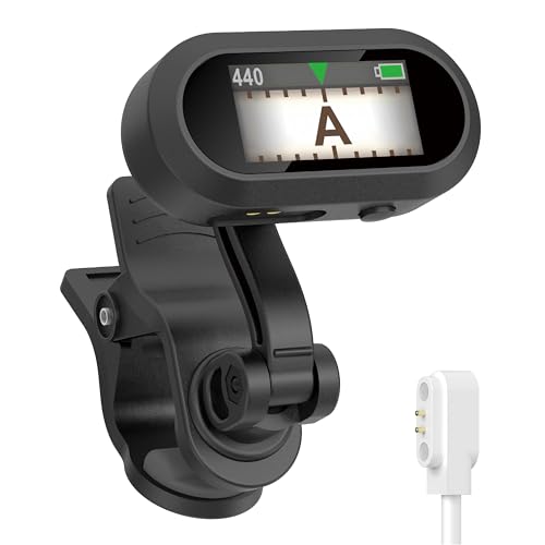 Sondery Afinador de clip recargable, afinador cromático para guitarra, bajo, ukelele e instrumentos de viento, calibración de 410 a 460 Hz, pantalla TFT fácil de ver en luces fuertes, diseño de clip