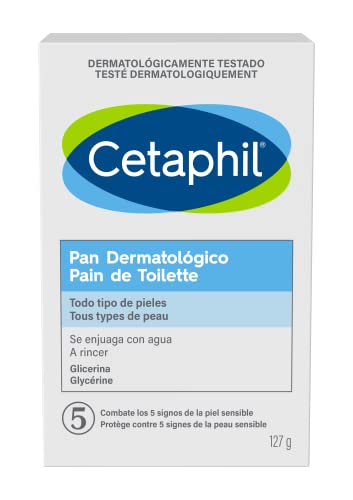 CETAPHIL Jabón limpiador facial pan dermatológico 127g, con glicerina, para pieles sensibles y secas