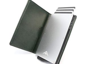 Stealth Wallet Tarjetero Hombre con Protección RFID – Cartera Tarjetero con Pop Up y Caja de Regalo – Porta Tarjetas de Crédito de Metal Delgado y Ligero (Aluminio Plateado, Cuero Verde)