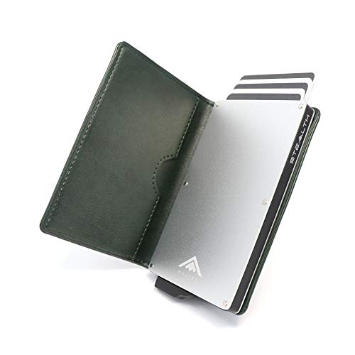 Stealth Wallet Tarjetero Hombre con Protección RFID - Cartera Tarjetero con Pop Up y Caja de Regalo - Porta Tarjetas de Crédito de Metal Delgado y Ligero (Aluminio Plateado, Cuero Verde)