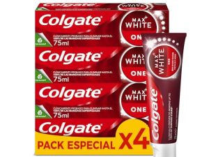 Colgate Max White One Pasta de Dientes Blanqueadora, Pack 4 Uds x 75ml, Dentífrico Blanqueador, Dientes 1 Tono Más Blancos en 1 Semana, Elimina Manchas Superficiales