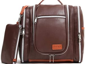 Pearl Angeli Neceser para colgar mujer, de viaje, de piel sintética, grande, con gancho, impermeable, bolsa de aseo, bolsa de aseo, bolsa de aseo, café