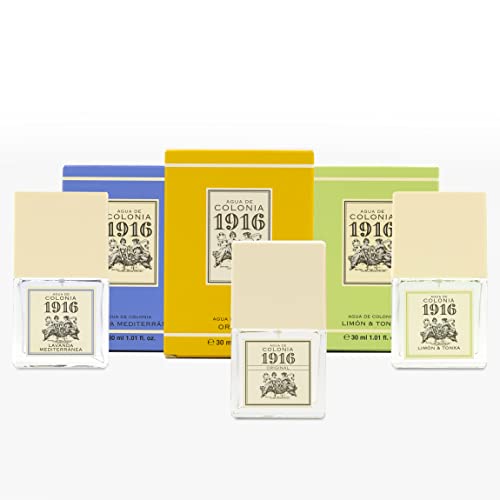 1916 - Estuche de Regalo Unisex, Pack de 3 x 30 ml, Agua de Colonia Hombre y Mujer de larga duración (Original/Lavanda Mediterránea/Limón & Tonka)