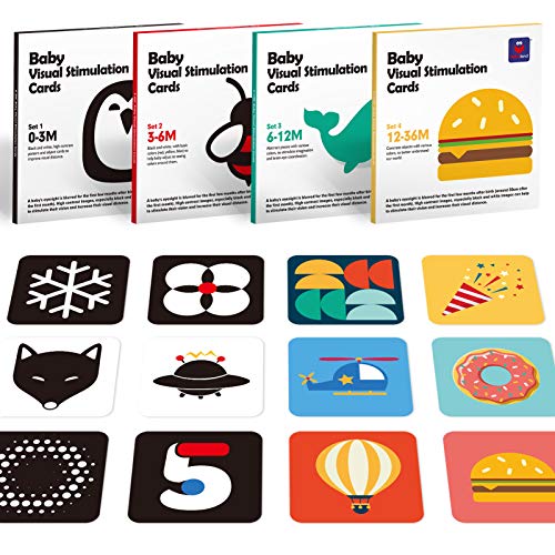 hahaland Flashcards Tarjetas Juguetes Bebes 0 3 6 12 Meses, 80 Piezas Tarjetas Bebe en Blanco y Negro y de Colorida, Tarjetas Estimulacion Visual de Alto Contraste para Bebes 0-36 Meses