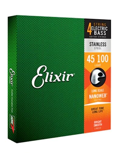Elixir Cuerdas de bajo de 4 cuerdas Strings de acero inoxidable con recubrimiento NANOWEB, escala larga, calibre ligero, 4- String Light(45-100)
