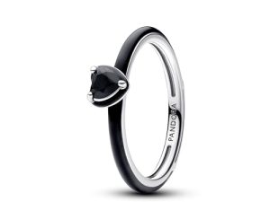 PANDORA ME Anillo con corazón en plata de ley con cristal negro y esmalte negro, talla 52