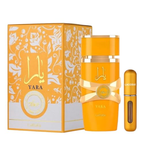 Yara Tous Perfume Arabe Perfume De Mujer Con Atomizador De Perfume Lacosvi 5ml Notas Olfativas Coco Mango Maracuyá Vainilla Naranja Jazmín Elixir De Perfumes Arabes Oud De Parfum (100ML, YARA NARANJA)
