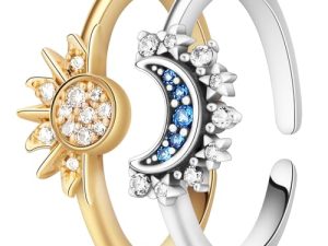 Aucuu Anillos Mujer Brillante Sol y Luna, Chapado en Oro/Plata de 14 Quilates Anillo Ajustable, Anillo Superpuesto con Sol y Luna Celestial, Anillo de Engaste de Diamantes