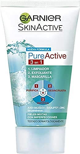 GARNIER Skin Active, Pure Active 3 en 1, Limpiador, exfoliante y mascarilla - 150 ml, El embalaje puede variar