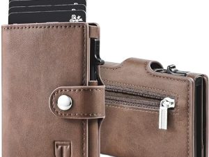 TENBST Cartera Tarjetero con Bloqueo RFID, Automática Pop Up Cartera de Cuero, 8 Ranuras para Tarjetas, Tarjetero Hombre para Crédito, Billetes y Monedas con Caja de Regalo (Marrón)