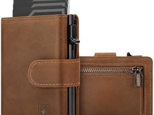 DODENSHA Billetera para Tarjetas de Crédito Carteras para Hombre RFID Fundas de Tarjetas Credito con Bolsillo para Monedas, Aluminio Automática Pop-up Tarjetero para 8-10 Tarjetas, Marrón