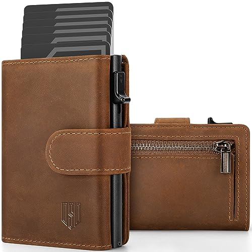 DODENSHA Billetera para Tarjetas de Crédito Carteras para Hombre RFID Fundas de Tarjetas Credito con Bolsillo para Monedas, Aluminio Automática Pop-up Tarjetero para 8-10 Tarjetas, Marrón
