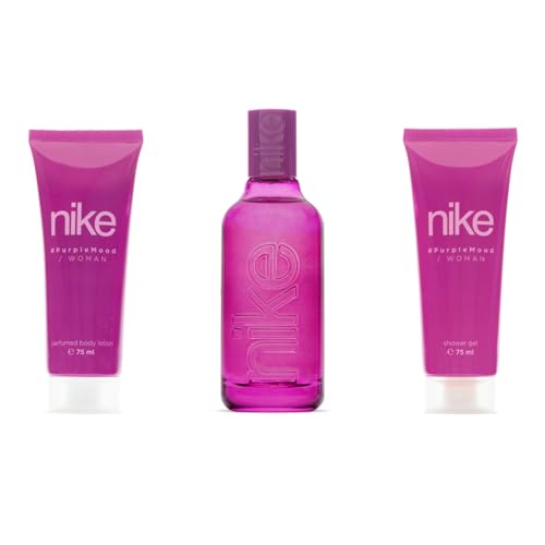 NIKE - Purple Mood, Estuche de Regalo Mujer, Colonia 100 ml + Gel de Baño 75 ml + Crema Corporal 75 ml, Eau de Toilette Natural y Femenina, Aroma Floral Gourmand, Fragancia Fresca, Dulce y Duradera