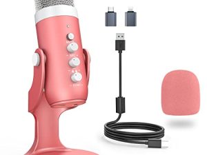 zealsound Micrófono USB gaming,micrófono Rosa,Silencio para teléfono computadora PC PS 5,Mic con Control de Ganancia,Ajuste Volumen &Eco&Monitor para transmisión grabación Vocal ASMR Podcast Video K66