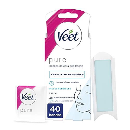 Veet Pure Bandas de Cera Fría Depilatoria para Depilación Facial Adecuado para Labio Superior (Bigote), Fórmula de Cera Hipoalergénica para Pieles Sensibles, 40 Tiras, 40, 40 unidad, 1