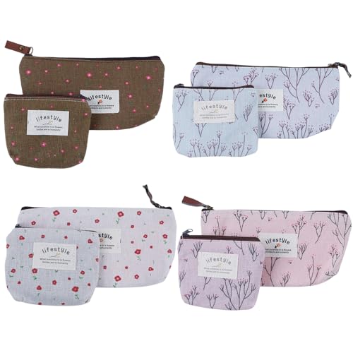 Mini neceser pequeño neceser de aseo, 8 unidades, neceser de lona con cremallera, bolso de mano para mujer, café, azul, blanco roto, rosa, Estilo simple