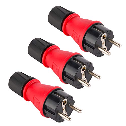 Electraline 92389 Paquete de 3 Clavija Enchufe Schuko Profesional, protección IP54, con Tornillo retenedor para facilitar el cableado, Rojo, Confezione da 3