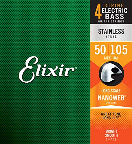 Elixir Cuerdas de bajo de 4 cuerdas Strings de acero inoxidable con recubrimiento NANOWEB, escala larga, calibre mediano, 4-String Medium(50-105)