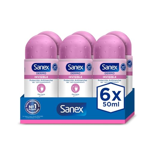 Sanex Dermo Invisible Desodorante Roll-On, Pack 6 Uds x 50 ml, Antitranspirante con hasta 48H de Protección contra el Sudor y el Olor, Antimanchas, Restaura el pH Natural de la Piel