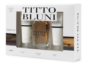 TITTO BLUNI – Assoluto Uomo, Estuche de regalo para hombre, Pack 3 Piezas (Perfume 75 ml + After Shave 75 ml + Gel de Baño 75 ml), Fragancia de larga duración, Aroma Intenso, Sensual y Maduro