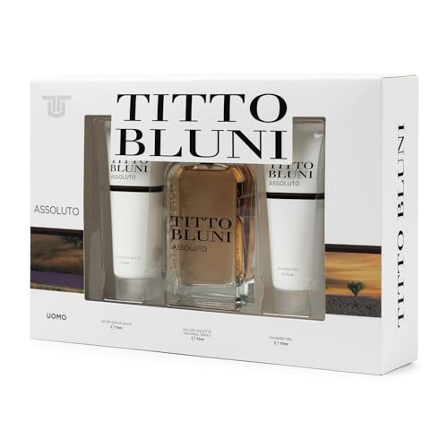 TITTO BLUNI - Assoluto Uomo, Estuche de regalo para hombre, Pack 3 Piezas (Perfume 75 ml + After Shave 75 ml + Gel de Baño 75 ml), Fragancia de larga duración, Aroma Intenso, Sensual y Maduro
