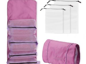 Zoomers Neceser Maquillaje, Bolsa Maquillaje Plegable 4 Compartimentos Desmontables, Neceser Maquillaje Organizador con 3 Bolsas Ropa Viaje.Bolsa Aseo Mujer, Neceser Mujer Maquillaje Viaje.Morada