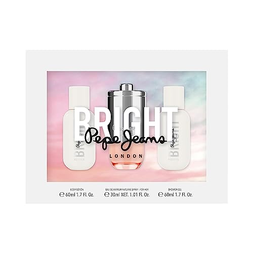 Pepe Jeans Bright For Her Estuche Regalo Perfumes de Mujer Pack de 3 Piezas Eau de Parfum 30ml, Body Lotion 60ml y Shower Gel 60ml Set Fragancia Chipre y Floral