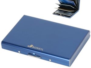 BONSYL® Tarjetero de Metal con Bloqueo RFID, Billetera Ultradelgada de Acero Inoxidable con 6 Ranuras, Fundas para Tarjetas de Crédito para Hombre y Mujer. (6 Tarjetas/Azul)