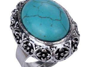 YAZILIND Plateado Retro Anillos Turquesa Oval tallados