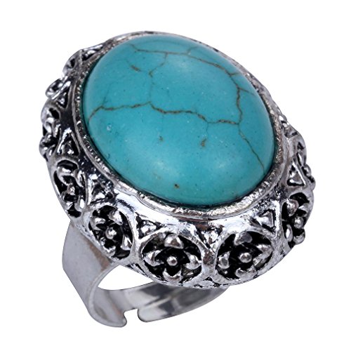 YAZILIND Plateado Retro Anillos Turquesa Oval tallados