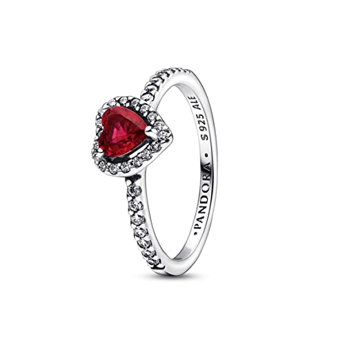 Pandora Timeless Anillo con diseño de corazón de plata de ley con cristal rojo cereza jubileo y circonitas cúbicas transparentes, talla 56